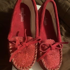 EUC Minnetonka Glitter Moccasins Red